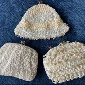 Vintage White Beaded Clutch Purse Lot Set of 3 Bridal Evening Bags 1950s Style